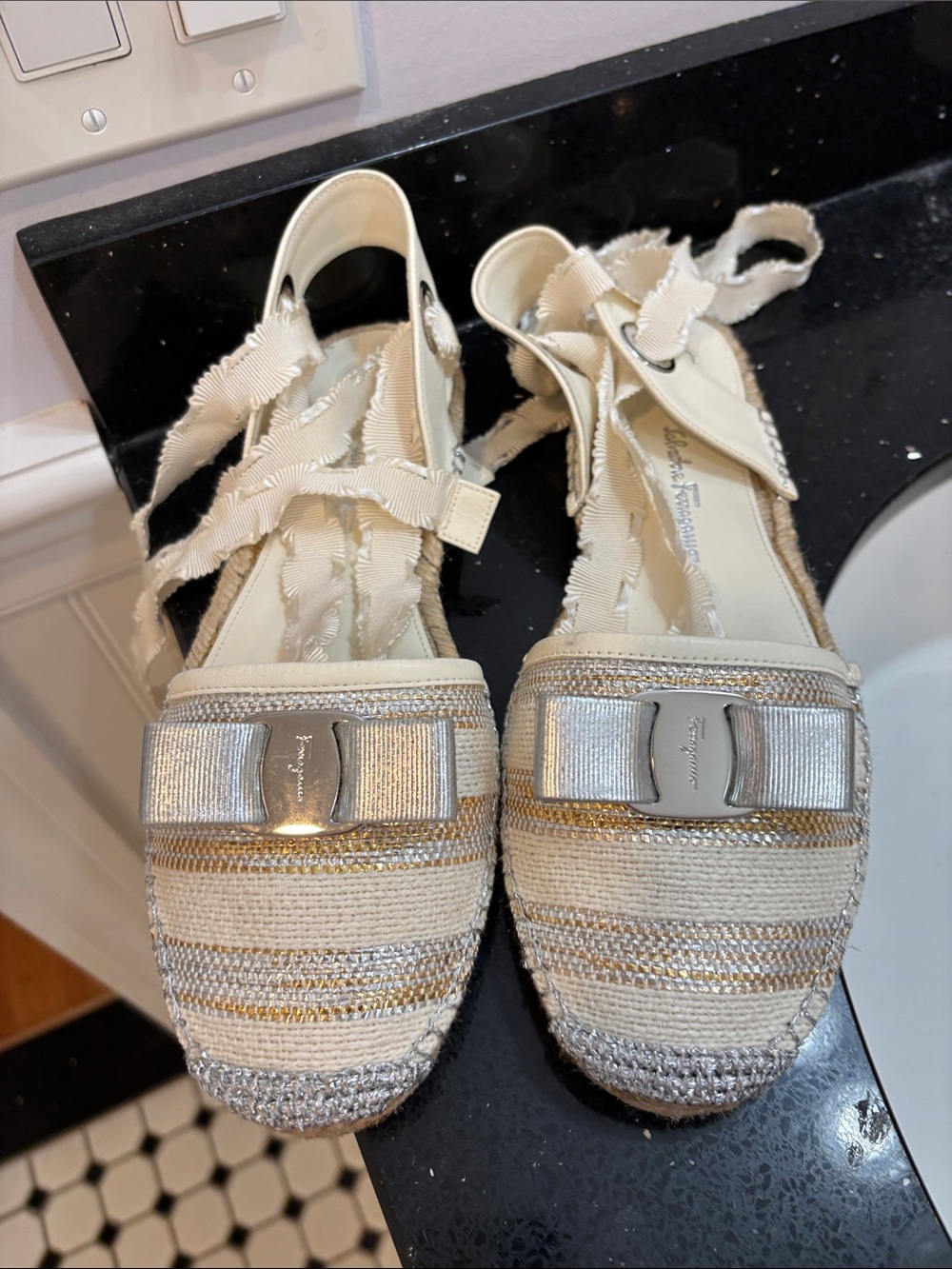 NWOT Salvatore Ferragamo Cream and Silver Ribbon Espadrille Wedges - Picture 1 of 9
